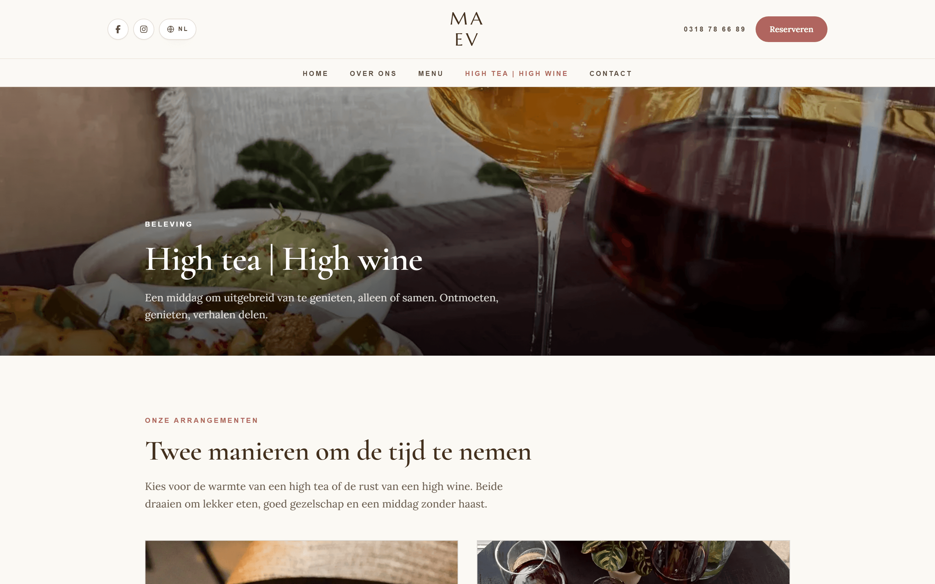 The high tea and high wine page of Café MAEV, with both packages and their prices