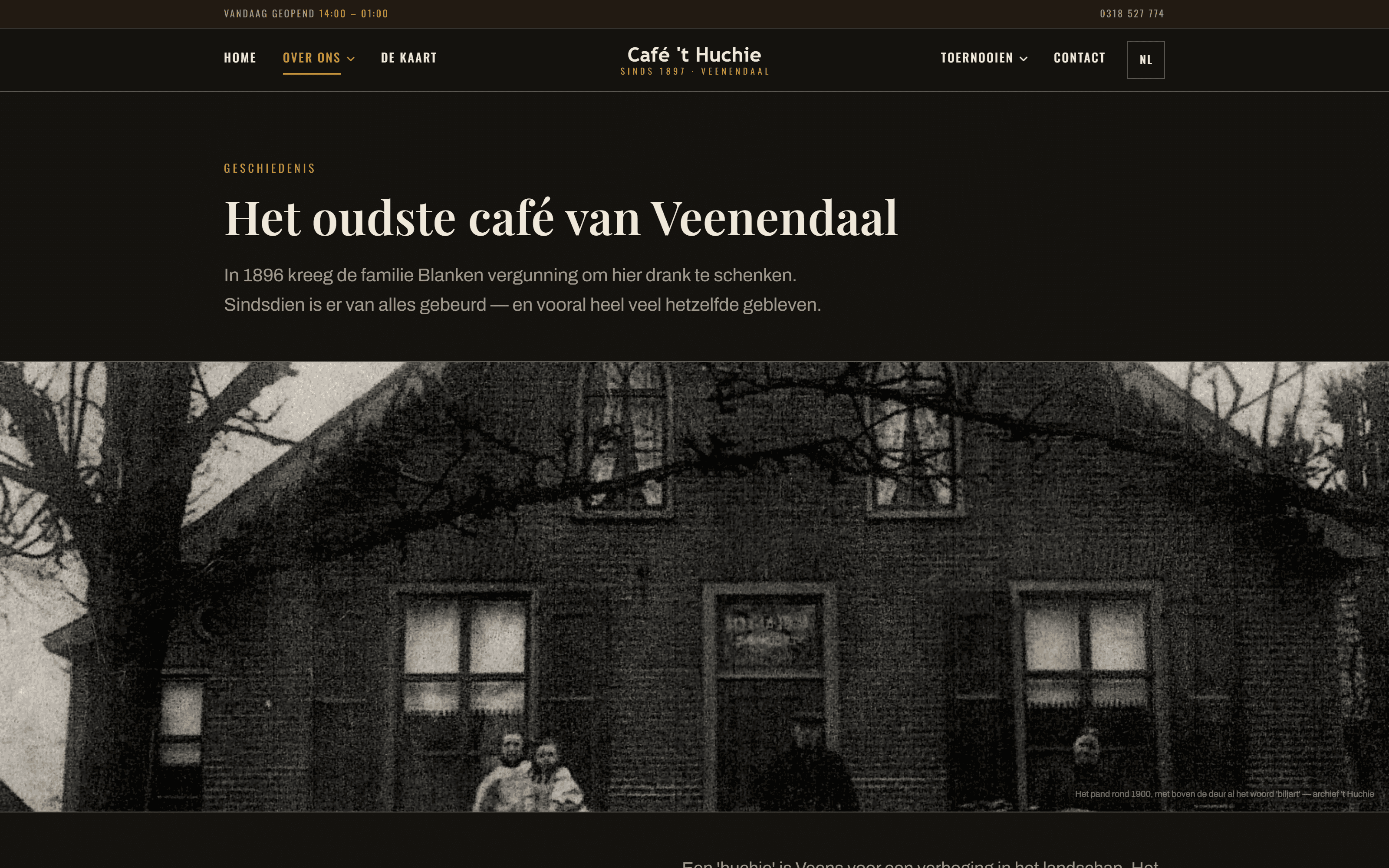 The history page of Café 't Huchie, telling the story of the café since 1897